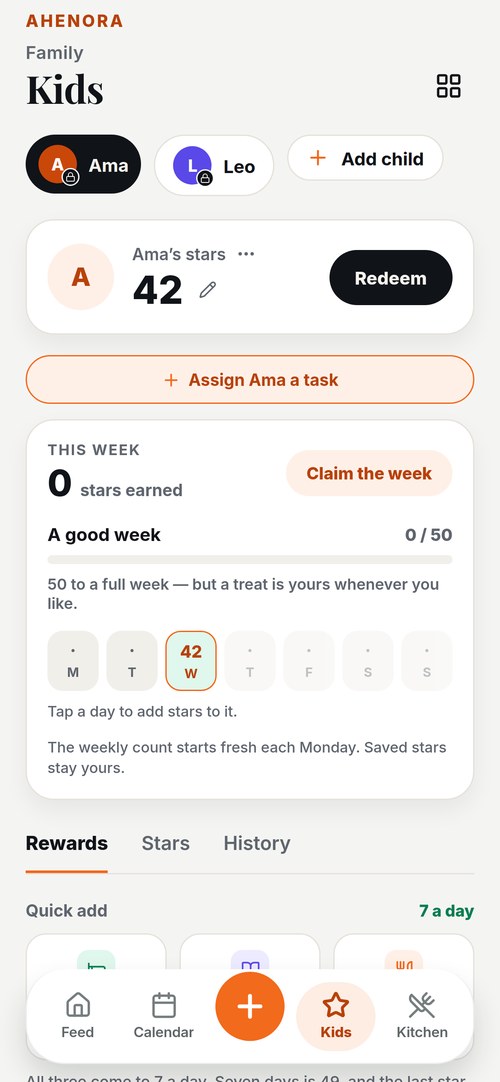 The Kids screen showing chores, stars and rewards
